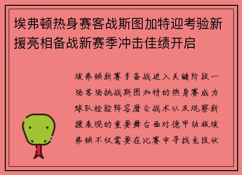 埃弗顿热身赛客战斯图加特迎考验新援亮相备战新赛季冲击佳绩开启 埃弗顿热身赛客战斯图加特迎考验新援亮相备战新赛季冲击佳绩开启